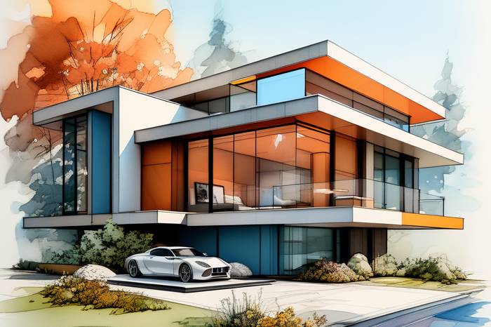 Farbige Entwurfsskizze einer modernen Villa mit Pool