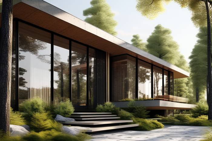 Visualisierung eines verglasten Pavillons im Wald