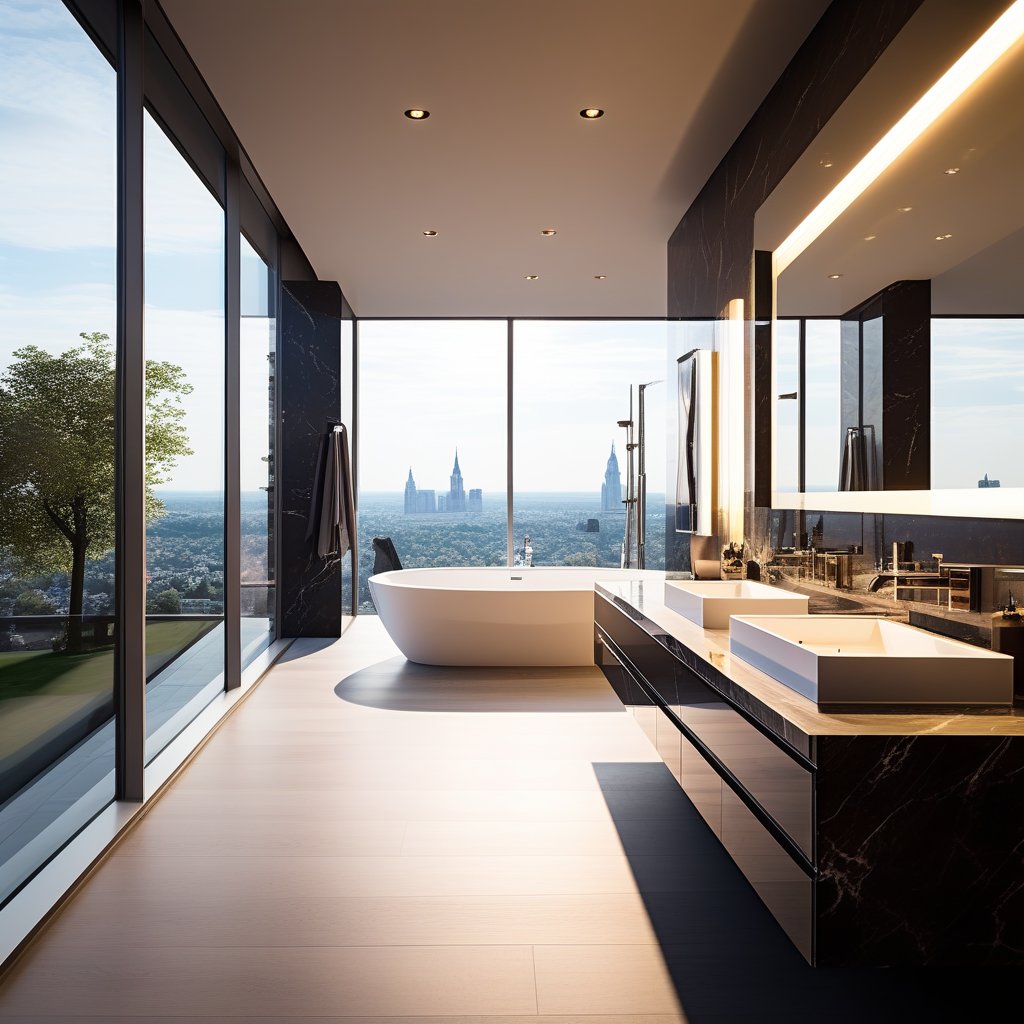 Badezimmer mit freistehender Wanne und Panoramablick über die Stadt