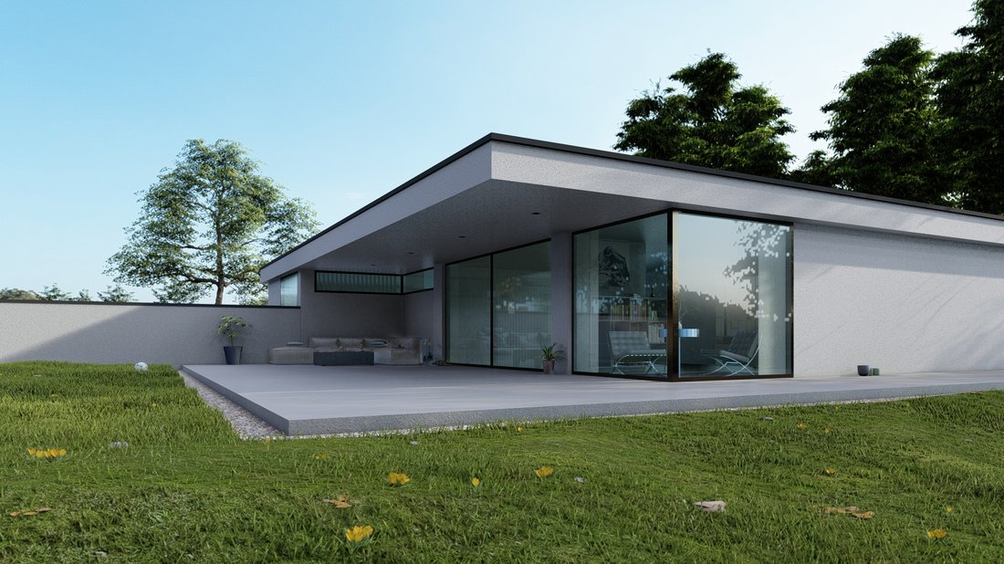 Moderne Villa mit Flachdach, überdachter Terrasse und Lounge-Bereich