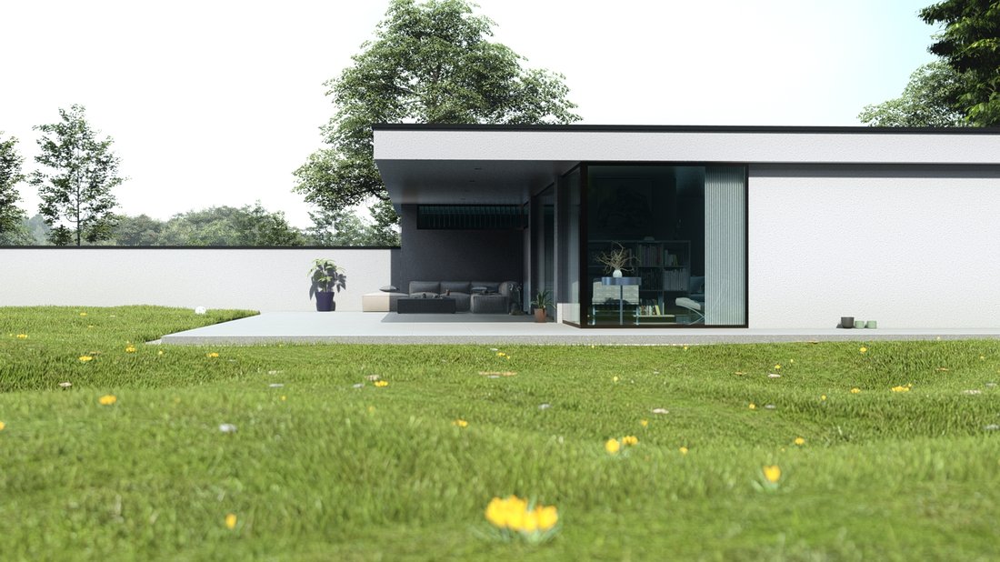 Frontalansicht einer modernen Villa mit großzügiger Verglasung und Terrasse